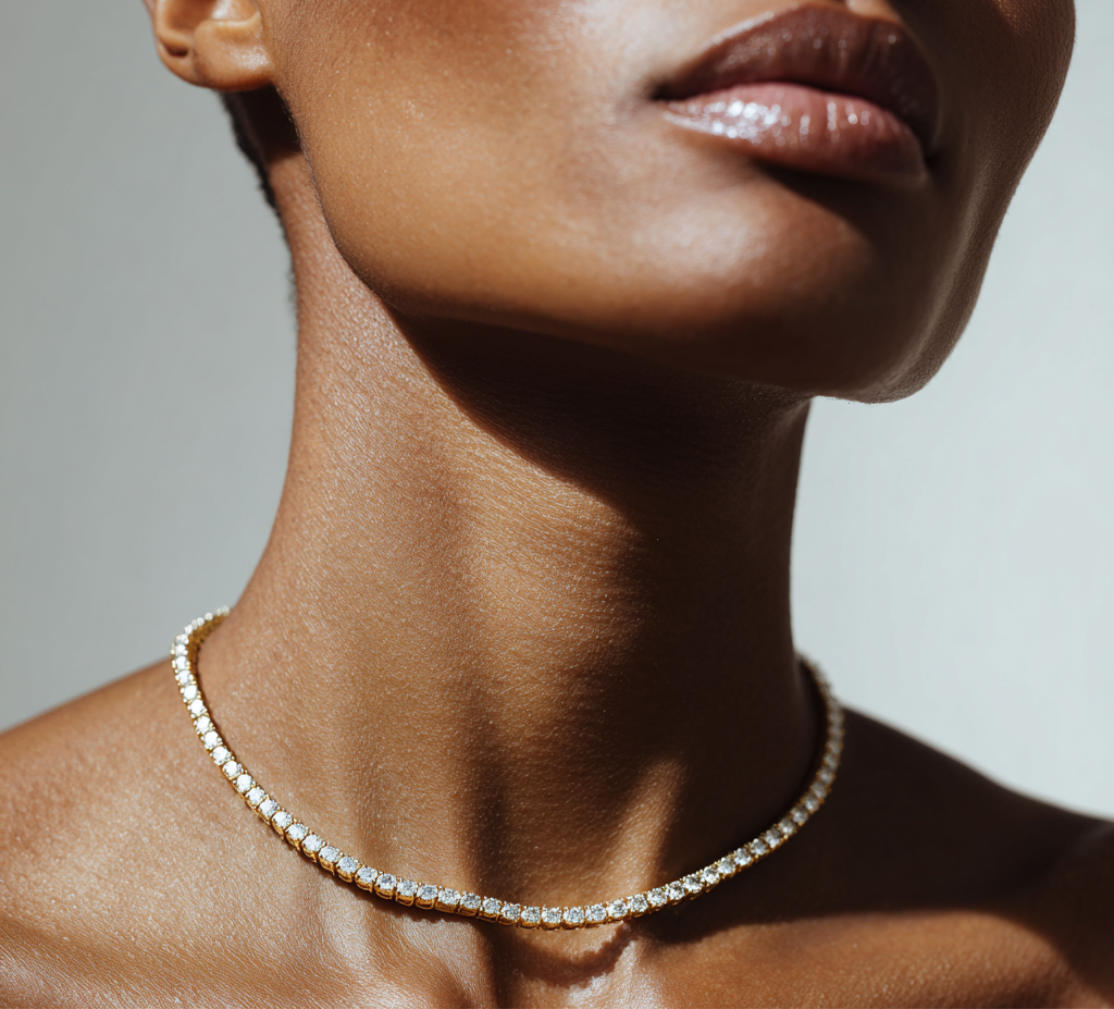 Aura Tennis Necklace in yellow gold, worn