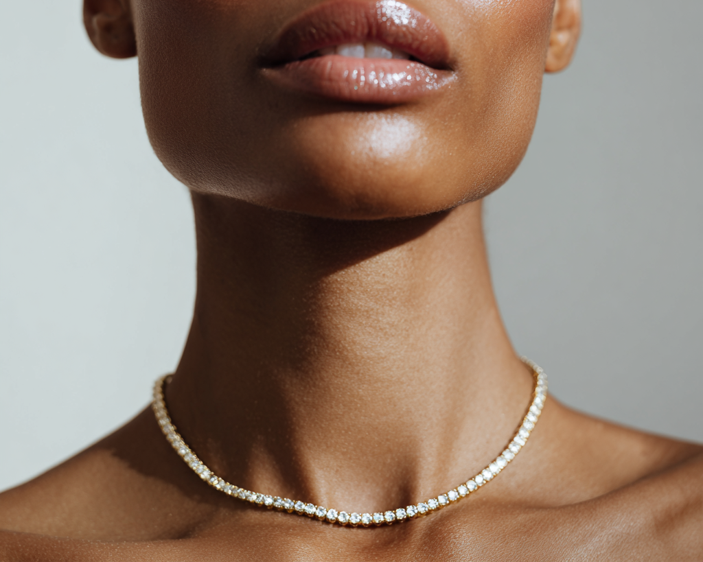 Aura Tennis Necklace in yellow gold, worn